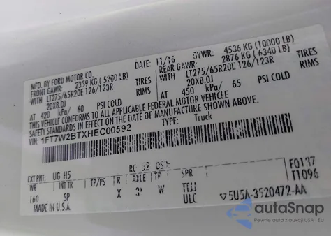 2017 Ford F-250 King Ranch z USA, uszkodzony, nr VIN 1FT7W2BTXHEC00592